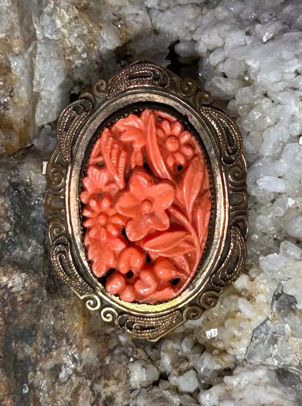 Vintage carved red coral ornate floral brass bronze brooch